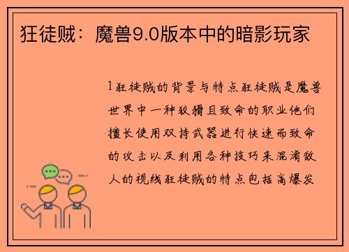 狂徒贼：魔兽9.0版本中的暗影玩家